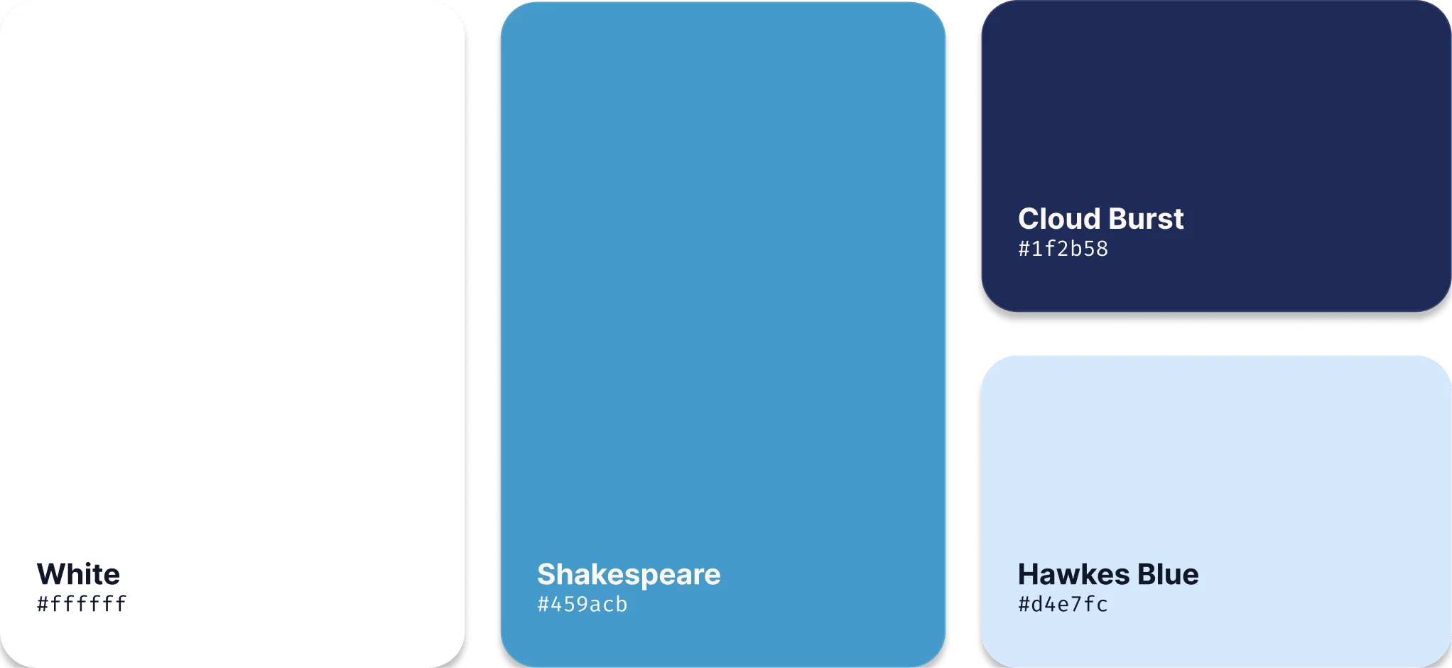 Four rounded rectangles displaying color swatches and their names with hex codes: White (#ffffff), Shakespeare blue (#459acb), Cloud Burst dark blue (#1f2b58), and Hawkes Blue light blue (#d4e7fc).