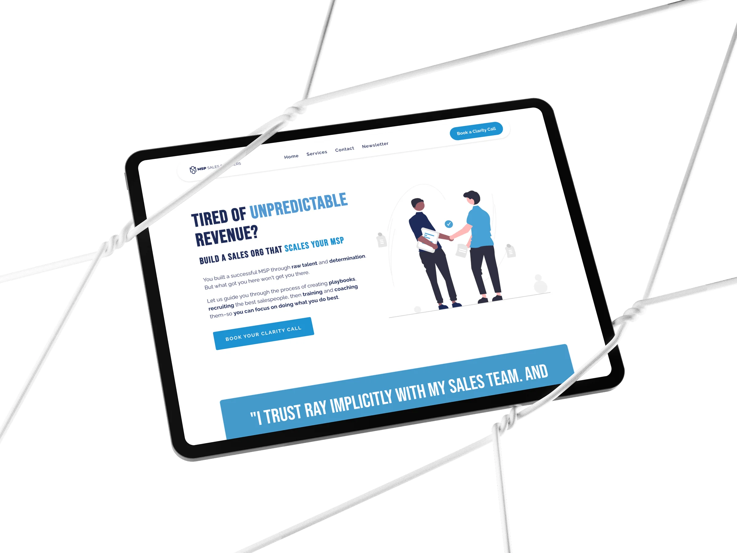 Tablet displaying a website offering sales organization services to scale MSP revenue, featuring two illustrated people shaking hands and a call-to-action button to book a clarity call.