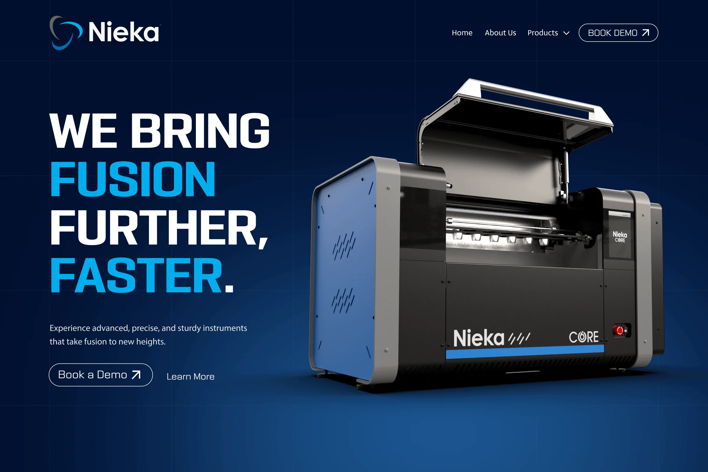 Advanced Nieka CORE fusion machine with an open lid on a blue gradient background, alongside bold text 'We bring fusion further, faster.'